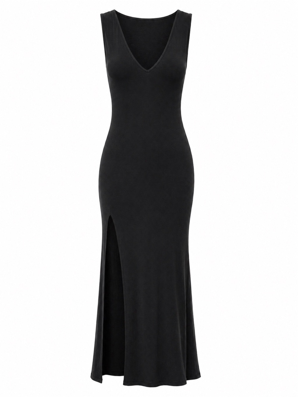 Boutique Black Maxi Dress Elegant Deep V High Slit Minimal Luxe Gown - Picture 4 of 5